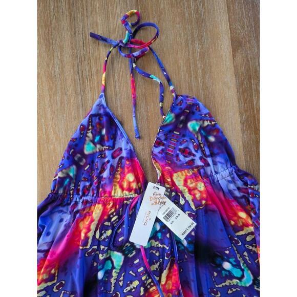 NWT PilyQ Tribal Fire Nori Dress Colorful Halter Neck Asymmetric Hem XS/S - Picture 3 of 11